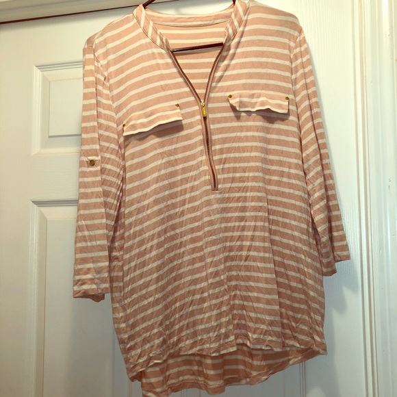 Pale pink and white striped 3/4 sleeve blouse. - Picture 1 of 3